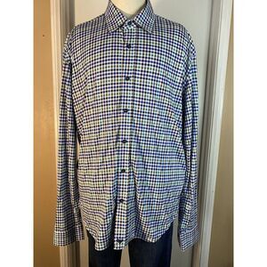 Butter Cloth Shirt Mens L Blue White Green Slim Plaid Button Long Sleeve Stretch